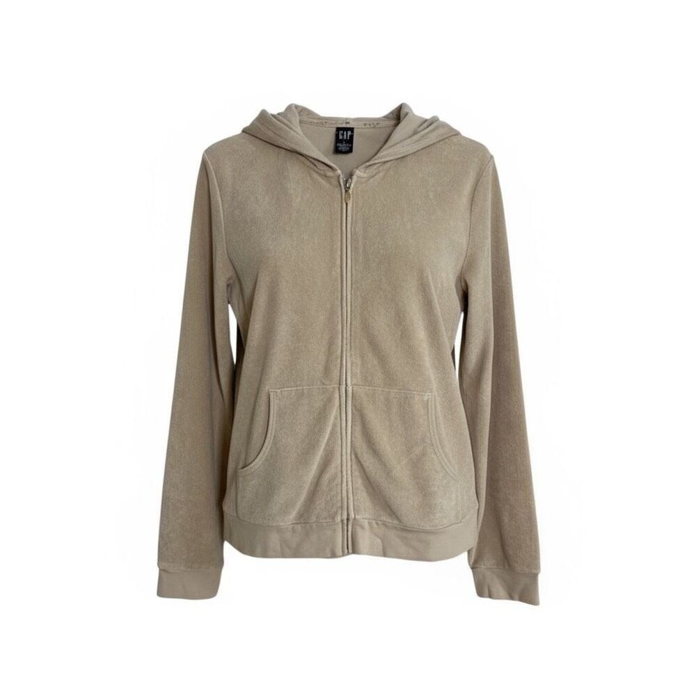 GAP Velour Full Zipper Long Sleeve Cotton Blend Hoodie Beige Size Large